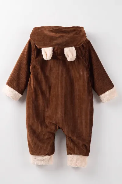 Koyu Kahve (6-24 Ay) Kulak Figürlü İçi Peluş Önden Fermuarlı Bebek Tulum 482053