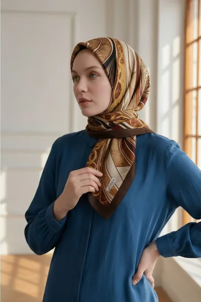 Koyu Kahve 90x90 Cm Dijital Baskılı Barok Desen Soft Eşarp 498795