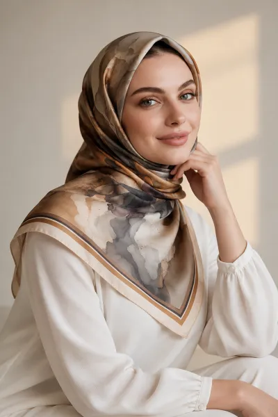 Koyu Kahve 90x90 Cm Dijital Baskılı Floria Desen Soft Eşarp 498555