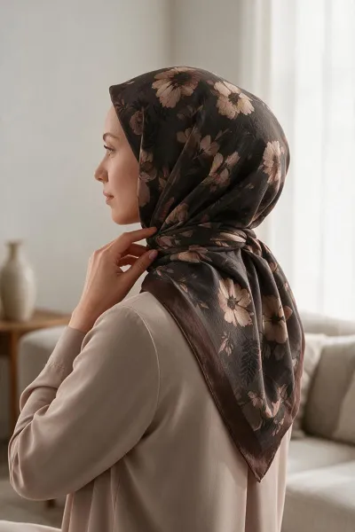 Koyu Kahve 90x90 Cm Dijital Baskılı Rosalie Desen Soft Eşarp 498540