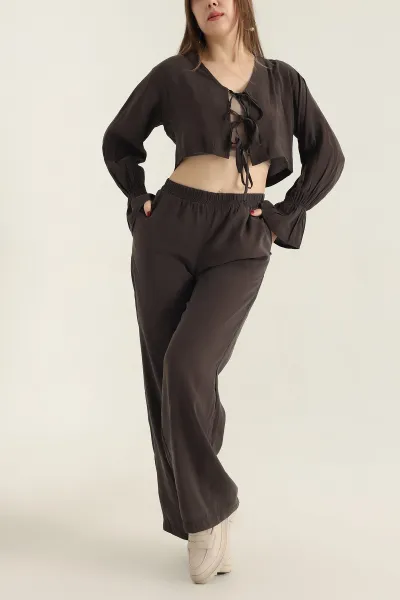 Koyu Kahve Pantolon Bluz Tensel İkili Takım 337610
