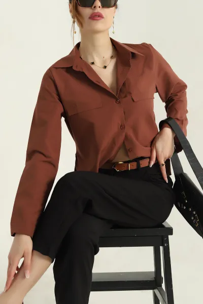 Koyu Kahve Poplin Kumaş Kadın Crop Gömlek 355796