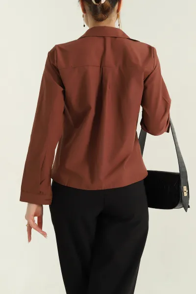 Koyu Kahve Poplin Kumaş Kadın Crop Gömlek 355796