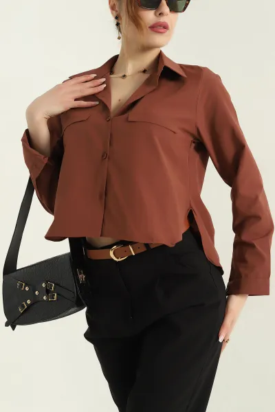 Koyu Kahve Poplin Kumaş Kadın Crop Gömlek 355796
