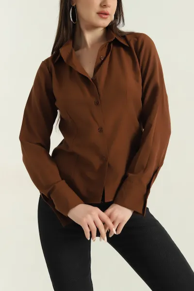 Koyu Kahve Poplin Kumaş Kadın Gömlek 352183
