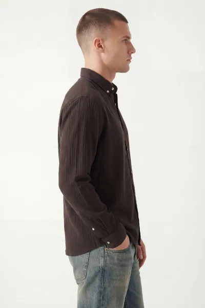 Koyu Kahve Relaxed Fit Müslin Keten Ata Yaka Erkek Gömlek 435741