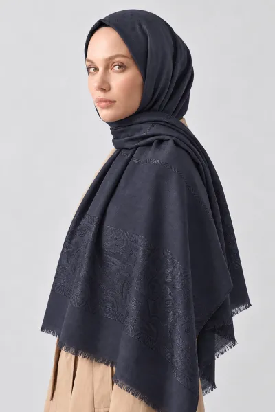 Koyu Lacivert 70x180 Cm Elara Premium Jakarlı Pamuk Şal 494273