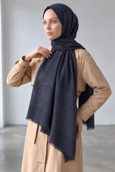 Koyu Lacivert 70x180 Cm Elara Premium Jakarlı Pamuk Şal 494273