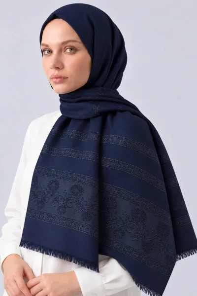 Koyu Lacivert 70x180 Cm Floral Premium Jakarlı Pamuk Şal 494053