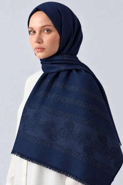 Koyu Lacivert 70x180 Cm Floral Premium Jakarlı Pamuk Şal 494053