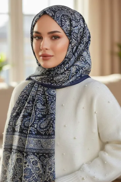 Koyu Mavi 180X70 cm Dijital Baskı Elina Desenli Pamuk Şal 420439