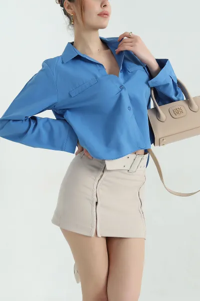 Koyu Mavi Poplin Kumaş Kadın Crop Gömle 360098