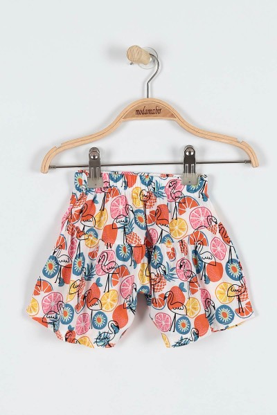 Koyu Turuncu (9-24 Ay) Flamingo Çiçek Baskılı Omuz Fiyonk Detaylı Şortlu Kız Bebe Takım 182605