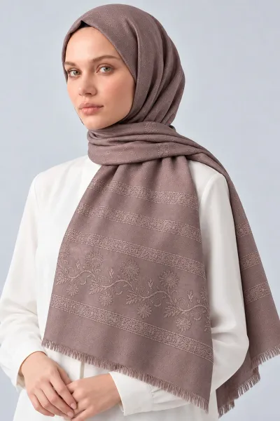Koyu Vizon 70x180 Cm Floral Premium Jakarlı Pamuk Şal 494054