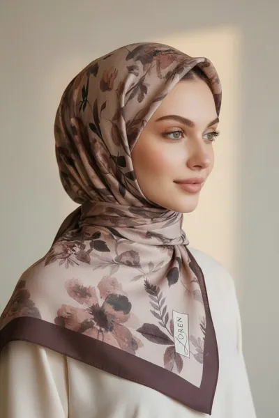 Koyu Vizon 90x90 Cm Dijital Baskılı Rosalie Desen Soft Eşarp 498546