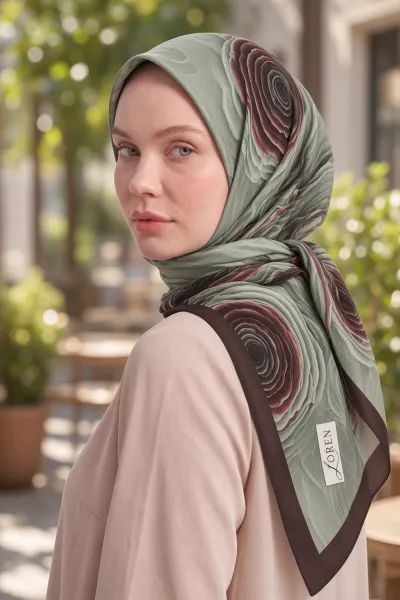 Koyu Vizon - Yeşil 90x90 Cm Dijital Baskılı Rosetta Desen Soft Eşarp 498599