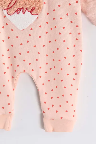 Koyu Yavruağzı (3-12 Ay)Kalpli Süzene Nakışlı Kız Bebek Salopet Takım 459483