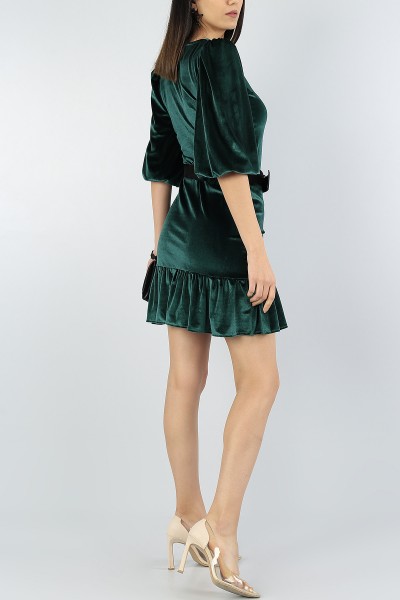 Koyu Yeşil Fakir Kol Vatkalı Elbise 55416