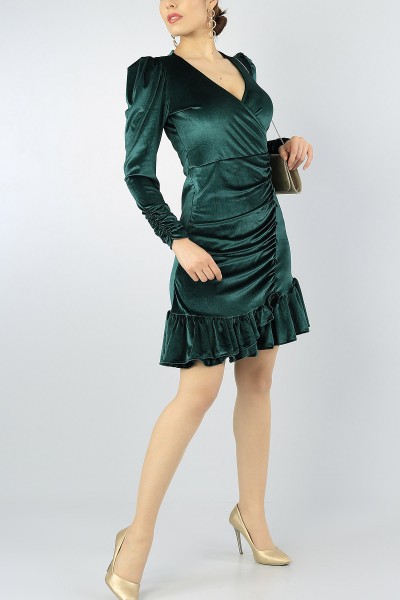 Koyu Yeşil Kruvaze Yaka Volanlı Kadife Elbise 55440