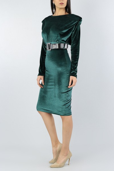 Koyu Yeşil Vatkalı Tasarım Kadife Elbise 55428