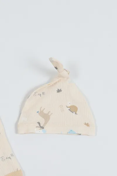 Krem (0-12 Ay) Zürafa Desenli Şapkalı Çıtçıtlı İkili Bebek Tulum 281919