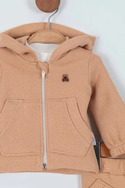 Krem (0-15 Ay) Baskılı Waffle Kumaş İki İp Erkek Bebe Takım 229146