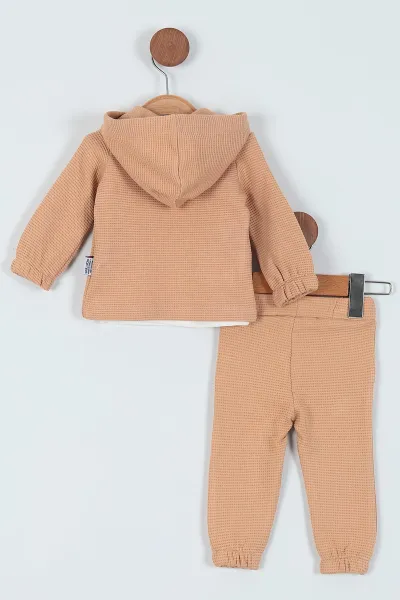 Krem (0-15 Ay) Baskılı Waffle Kumaş İki İp Erkek Bebe Takım 229146