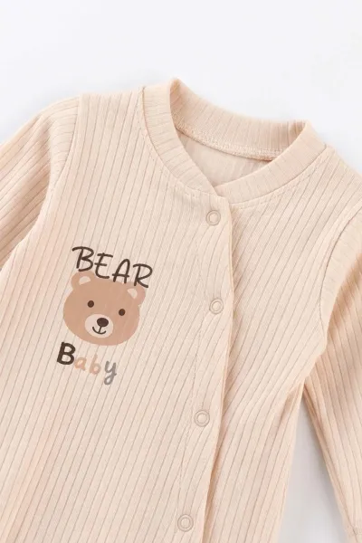 Krem (0-3 Ay) Baby Ayıcık Baskılı Raporlu ve Patikli  2'li Erkek Bebek Tulum 486913