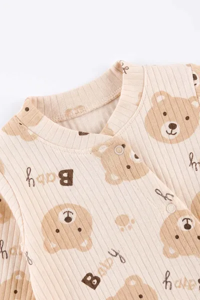 Krem (0-3 Ay) Baby Ayıcık Baskılı Raporlu ve Patikli  2'li Erkek Bebek Tulum 486913