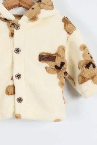 Krem (0-3 Yaş) Ayıcık Baskılı Kapüşonlu Welsoft Polar Bebek-Çocuk Mont 389410