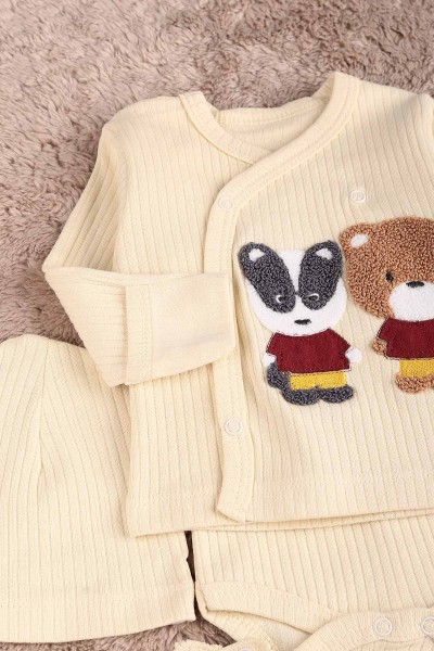 Krem (0-6 Ay) Ayı Nakışlı Erkek Bebe Takım 183866