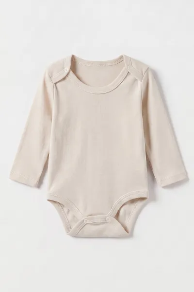 Krem (0-9 Ay )  Düz   Uzun Kollu   Bebek & Çocuk Çıtçıtlı Badi 480344