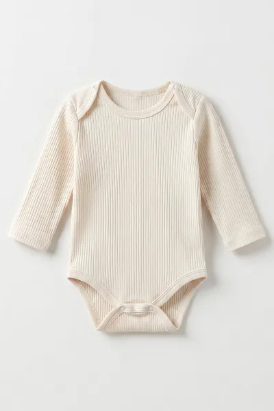 Krem (0-9 Ay ) Raporlu Düz   Uzun Kollu   Bebek & Çocuk Çıtçıtlı Badi 480338