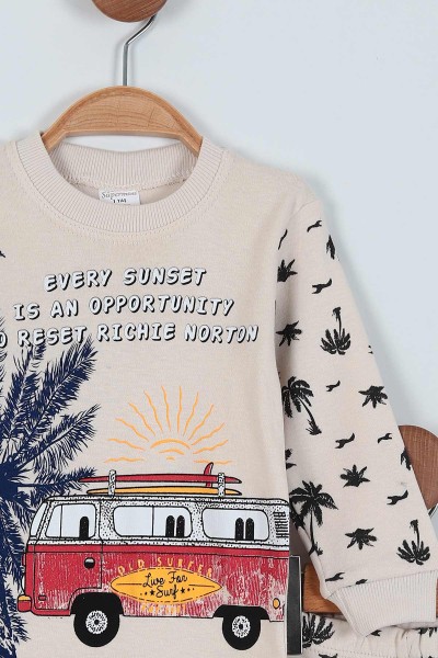 Krem (1-3 Yaş) Palmiye Baskılı Erkek Çocuk Pijama Takım 219578