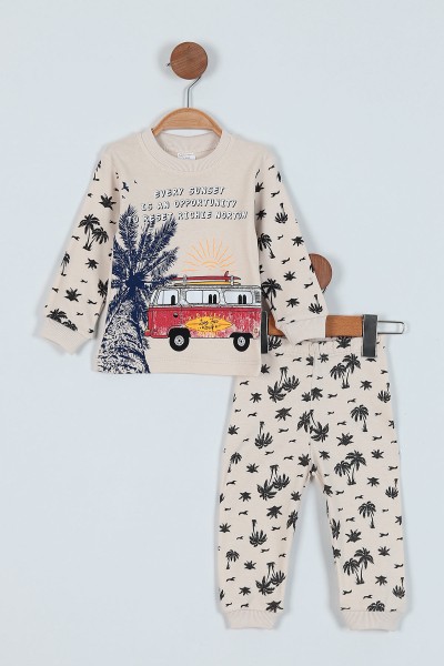 Krem (1-3 Yaş) Palmiye Baskılı Erkek Çocuk Pijama Takım 219578