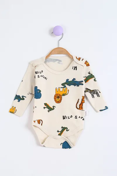Krem (1-3 Yaş) Safari Desenli Uzun Kollu Bebek Badi 304672