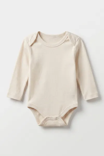 Krem (1-3 Yaş)  Uzun Kollu  Düz Bebek & Çocuk Çıtçıtlı Badi 480304