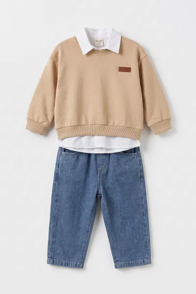 Krem (1-4 Yaş) Gömlekli 2 İp Sweatli ve Kot Pantolonlu Erkek &Bebek Çocuk 3'lü Takım 495354