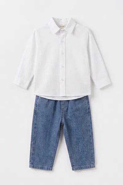 Krem (1-4 Yaş) Gömlekli 2 İp Sweatli ve Kot Pantolonlu Erkek &Bebek Çocuk 3'lü Takım 495354