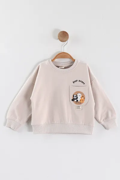 Krem (1-4 Yaş)Baskılı Cepli Erkek Çocuk Sweatshirt 432837