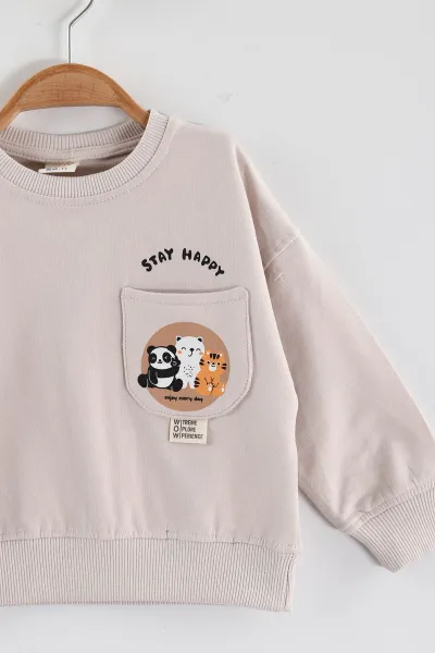 Krem (1-4 Yaş)Baskılı Cepli Erkek Çocuk Sweatshirt 432837