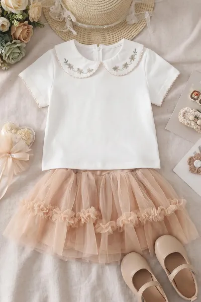 Krem (1-5 Yaş)Yakası Nakışlı Tüllü Etekli Kız Çocuk Takım 467139