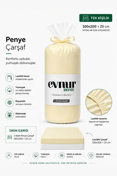 Krem 100x200+25 Cm  Evnur Home Penye Tek Kişilik Fitted (Lastikli) Çarşaf 467374