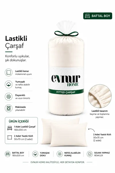 Krem 180x200 Cm  Evnur Home Çizgili Çift Kişilik Fitted (Lastikli) Çarşaf Takımı 497761