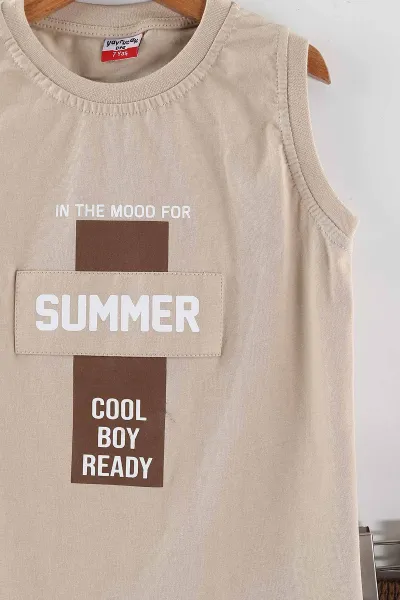 Krem (2-10 Yaş) Summer Baskılı Sıfır Kol   ve Şortlu Süprem Erkek Çocuk Yazlık Takım 446475