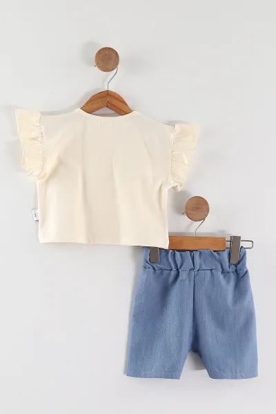 Krem (2-5 Yaş)Fiyonk Baskılı Tencel Kumaş Şortlu Kız Çocuk Takım 462559