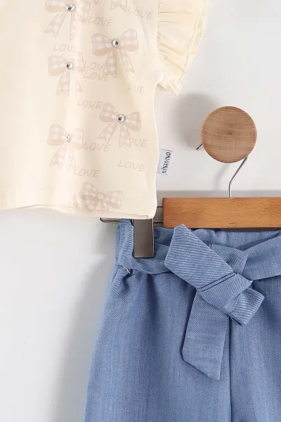 Krem (2-5 Yaş)Fiyonk Baskılı Tencel Kumaş Şortlu Kız Çocuk Takım 462559