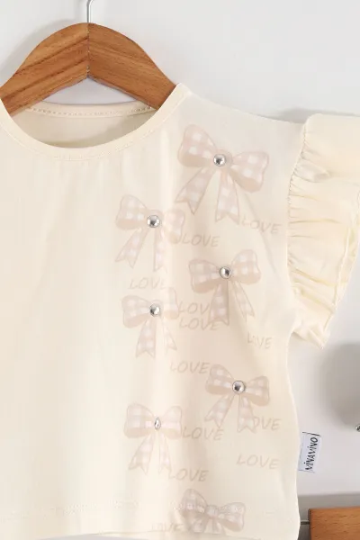 Krem (2-5 Yaş)Fiyonk Baskılı Tencel Kumaş Şortlu Kız Çocuk Takım 462559