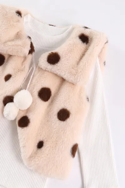 Krem (2-6 Yaş) Peluş Yelekli Kadife Pantolonlu Kız Çocuk 3'lü Takım 491148