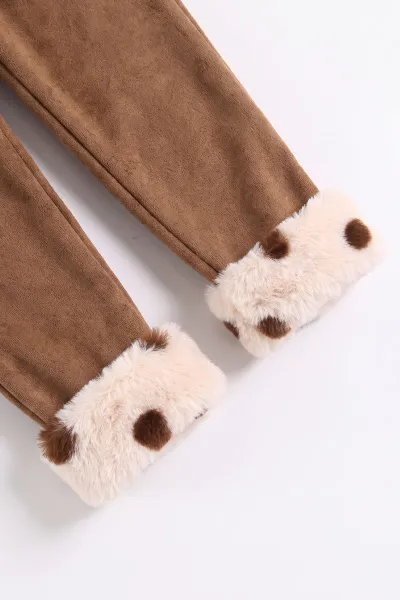 Krem (2-6 Yaş) Peluş Yelekli Kadife Pantolonlu Kız Çocuk 3'lü Takım 491148